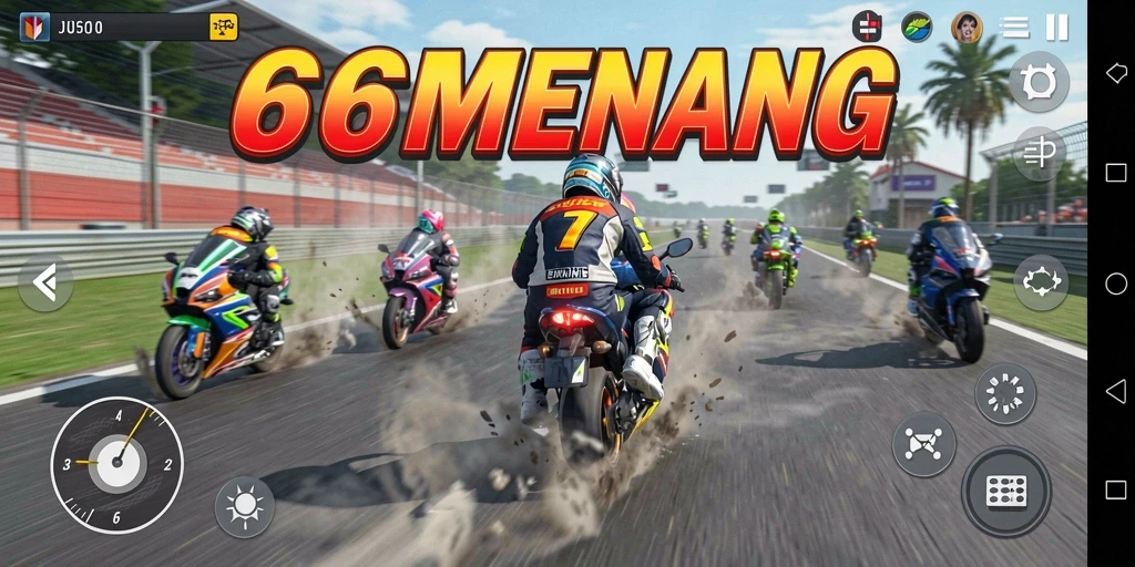 Tampilan gameplay balapan motor yang mendebarkan di 66MENANG.