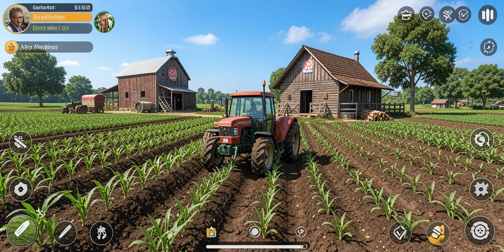 Screenshot gameplay AW8 yang menunjukkan aktivitas pertanian seru.