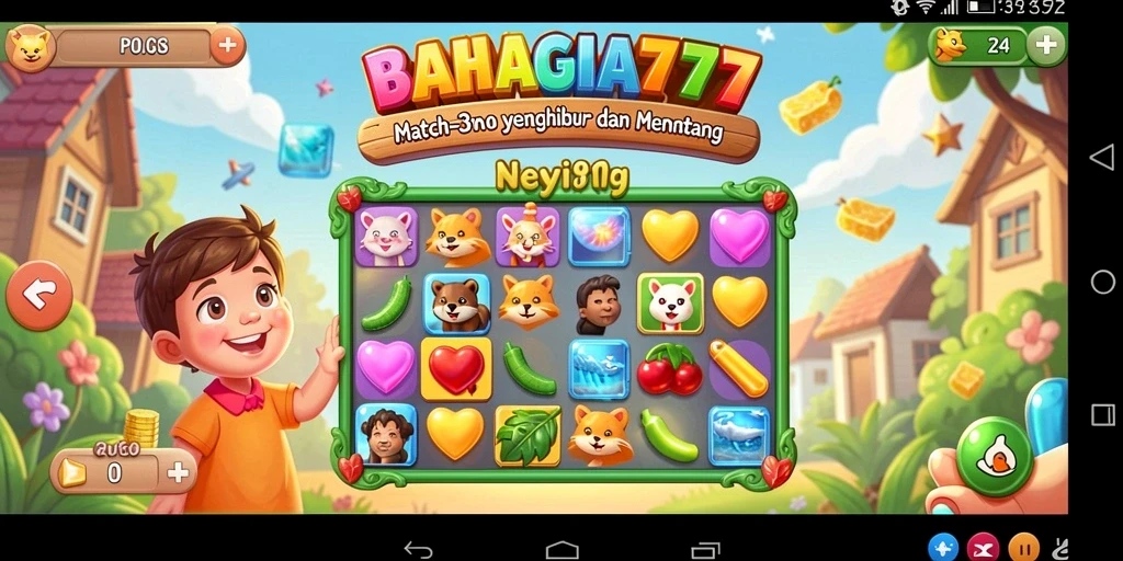 Tangkapan layar utama BAHAGIA777 menampilkan aksi seru gameplay Match-3.