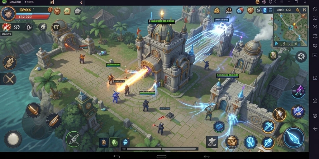 Tampilan gameplay seru di IDN668 dengan menara dan serangan musuh.