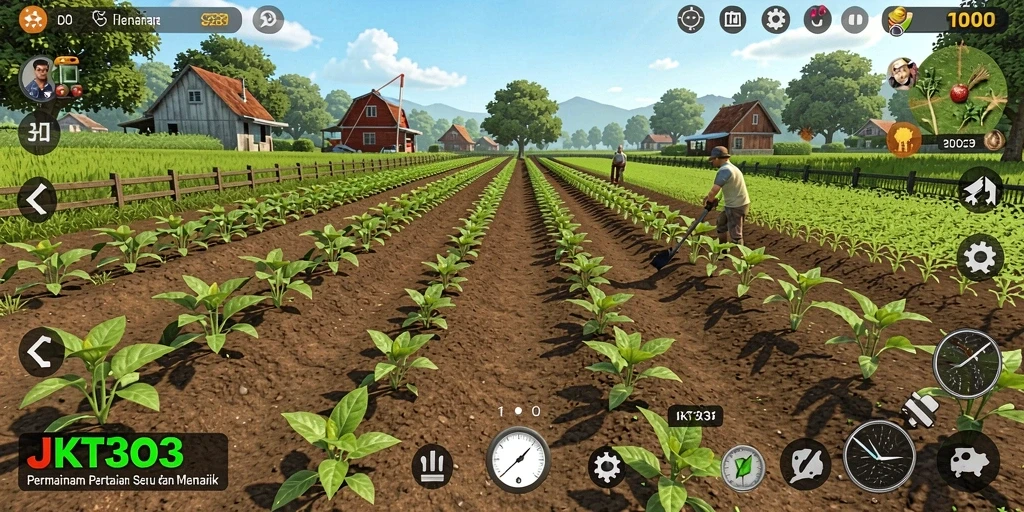 Tampilan gameplay seru JKT303 dengan pertanian yang subur.