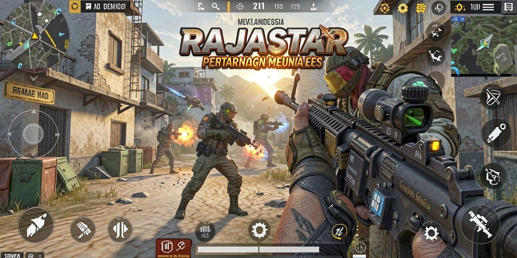 Screenshot utama RAJASTAR menampilkan aksi menembak yang intens di medan perang.