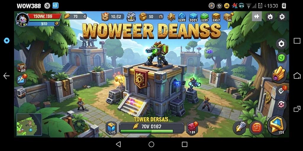 Screenshot dari gameplay WOW388 menampilkan pertempuran menara yang epik.